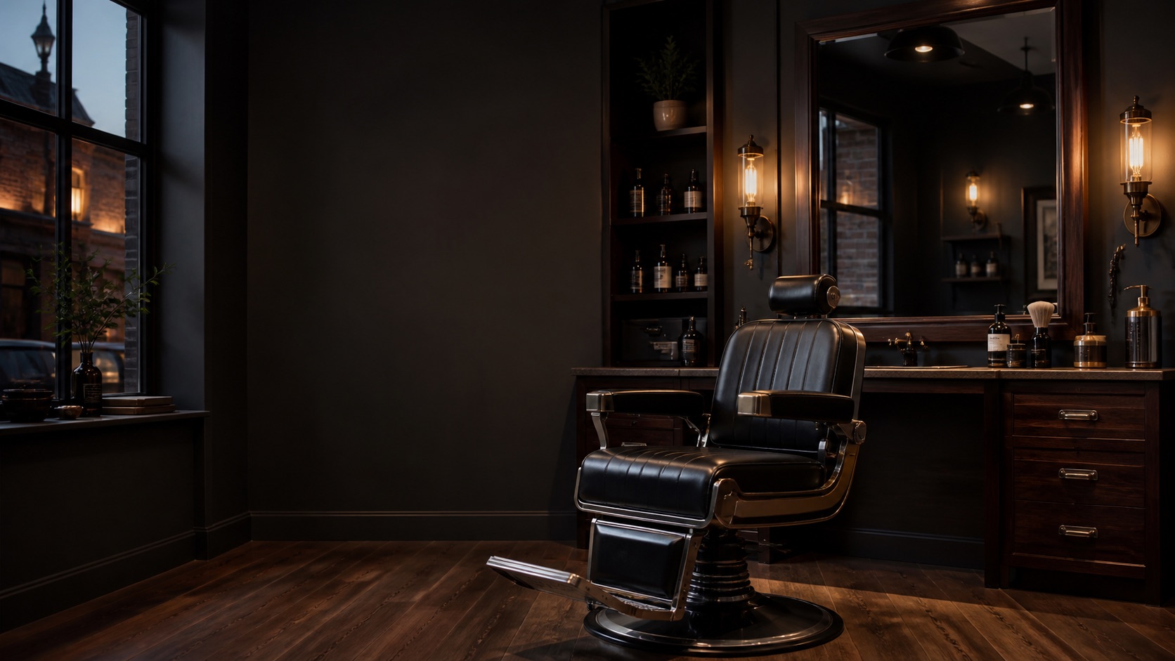 A premium dark barbershop interior with an empty black barber chair