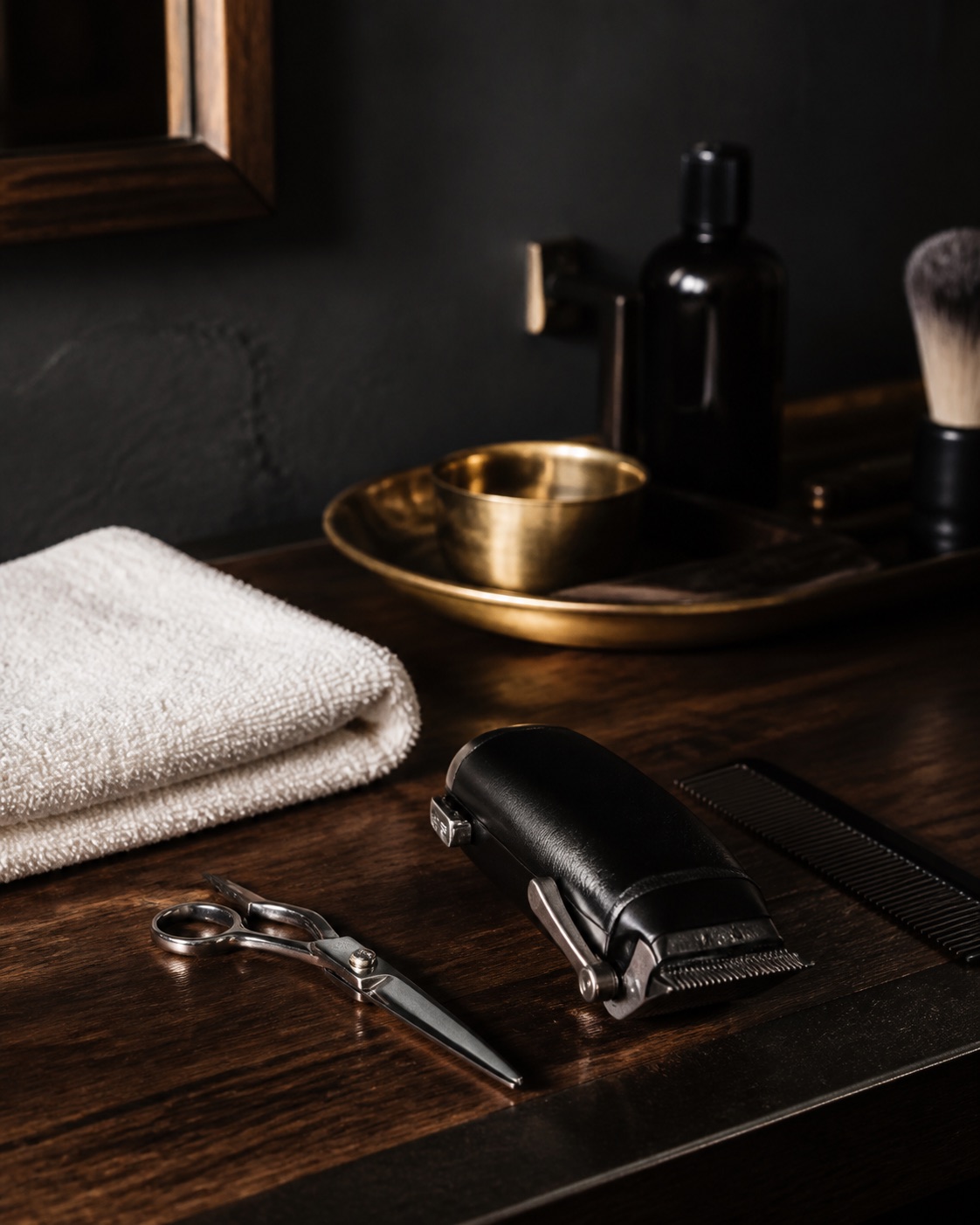 Barber tools arranged on a dark wood counter